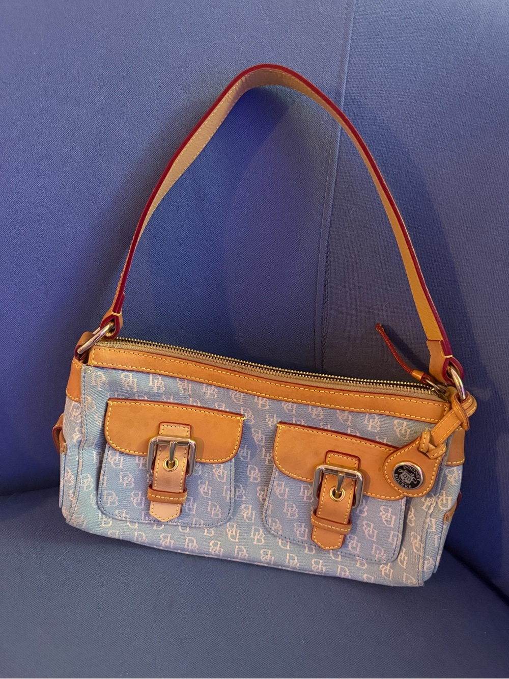 Dooney & Bourke Light Blue Monogram Shoulder Bag with Tan Trim